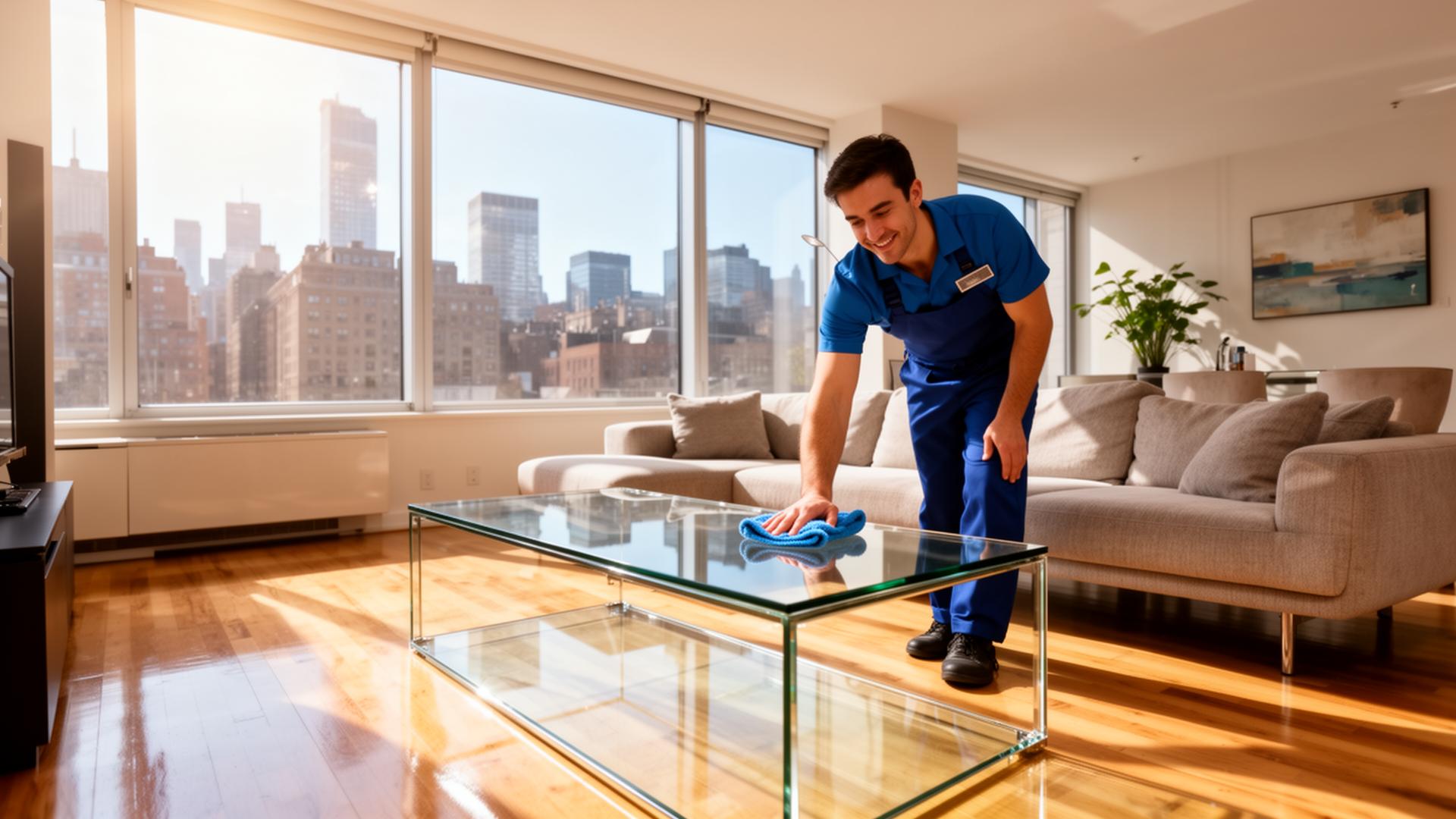Professional cleaner working in a bright New York City apartment